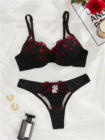 Red Floral Lace Bra and Panty Lingerie Set