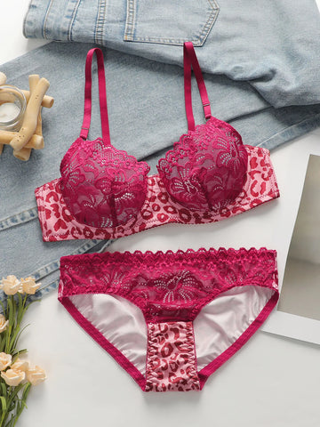 Pink Leopard Embroidery Lace Push-Up Bra