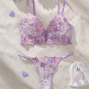 Light Purple See-Through Lace Bra and Panty Sexy Lingerie Set