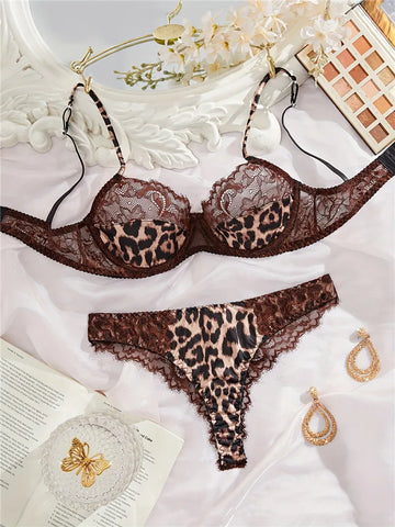 Vintage Leopard Lace Patchwork Bra and Lingerie Set