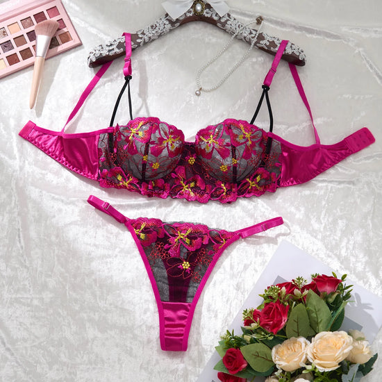 Rose-Red Daisy Floral Lingerie Set