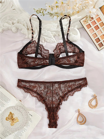 Vintage Leopard Lace Patchwork Bra and Lingerie Set