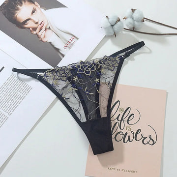 Embroidered Hollow Mesh Thong Panties Sexy Lingerie
