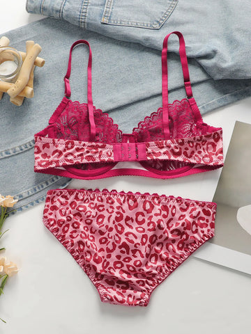 Pink Leopard Embroidery Lace Push-Up Bra