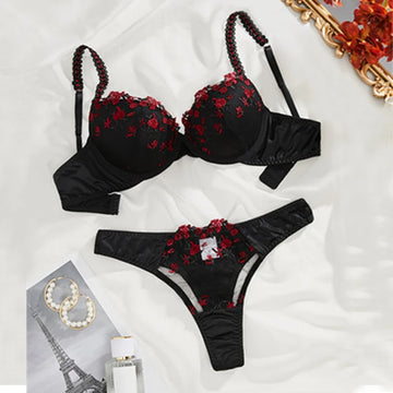 Red Floral Lace Bra and Panty Lingerie Set